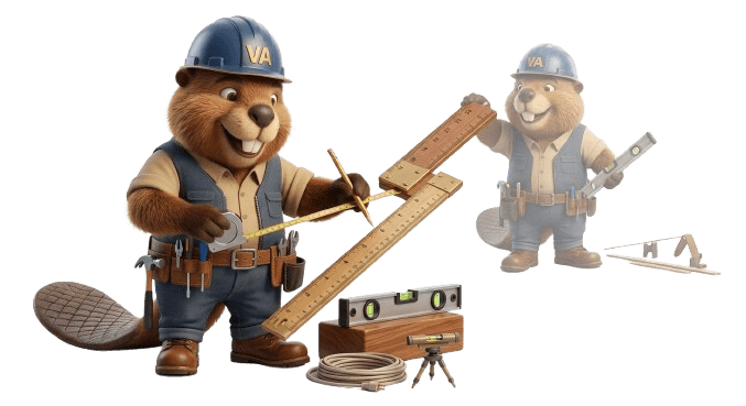 Two Villa Allegra beaver mascots measuring and drafting a plan