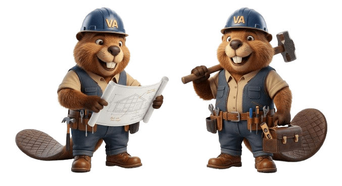 Two Villa Allegra beaver mascots — one with plans, one with tools